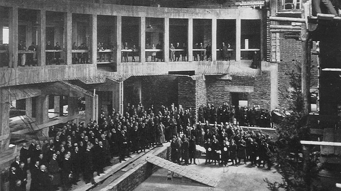 Celebration during construction of the new large experimental physics lecture hall in 1925