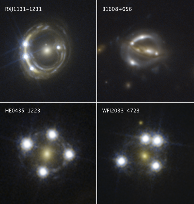 Aufnahmen des Hubble-Weltraumteleskops verwendet, die weit entfernte Quasare zeigen, deren Licht von Vordergrundgalaxien umgelenkt wird