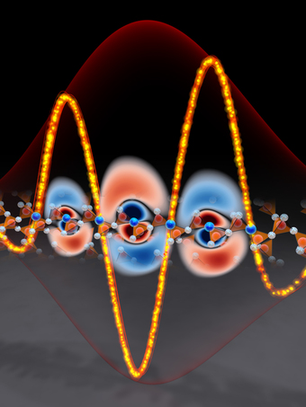 Eine gelbe Lichtwelle (von links kommend) erfasst Atome in Siliziumoxid