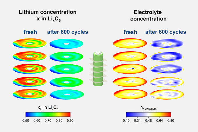 Farblich gekennzeichnete Konzentration von Lithium (links) und Elektrolyt (rechts) in einer Lithium-Ionen Zelle
