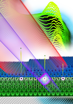 Ein Laser-Puls (rot) und ein ultravioletter Laser-Puls (violett) treffen auf eine mit Mangan beschichtete Oberfläche eines Wolframkristalls