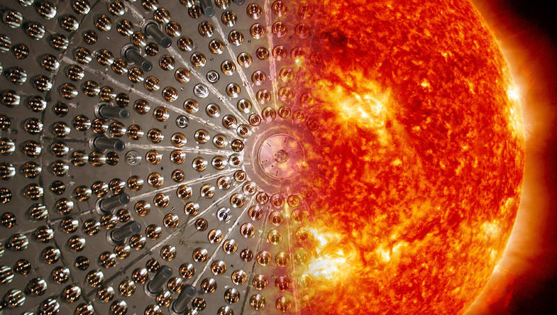 Bildkombo Borexino-Detektor und Sonne