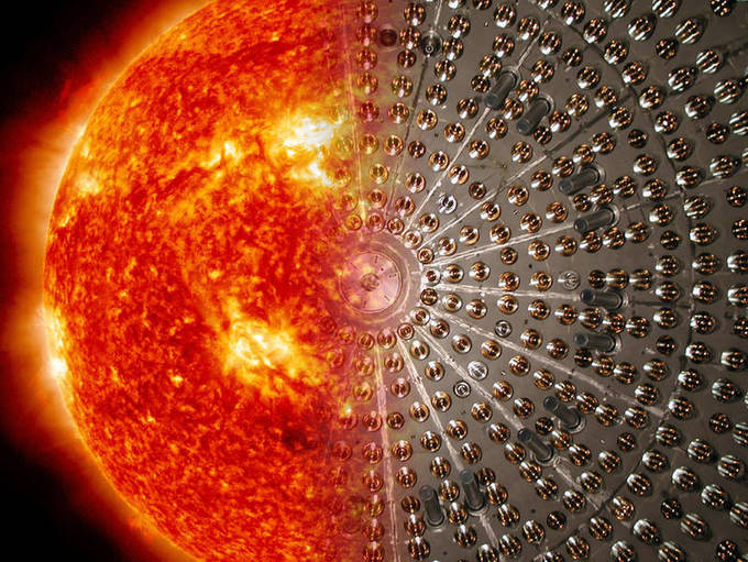 Photomontage of the sun and a photomultiplier light detector