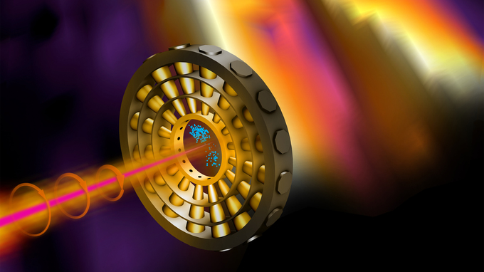 Ultrashort X-ray pulses (pink) ionize neon gas in the center of the ring